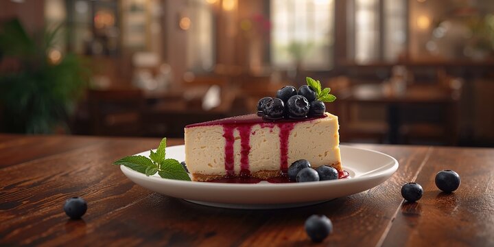 Blueberry and cheesecake background, emphasizing fruit toppings on desserts in a restaurant environment, designed for diet awareness, World Food Day
