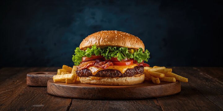 Juicy beef burger accompanied by French fries on a rustic wooden surface, highlighting quick meal service, World Food Day - Powered by Adobe