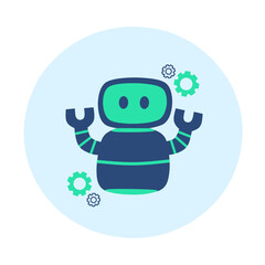 A cute flat icon illustration of a simple robot with a gear symbol in blue and green tones inside a circular shape, designed for technology, artificial intelligence, automation, futuristic design