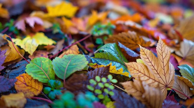 Vibrant assortment of colorful autumn leaves on the forest floor