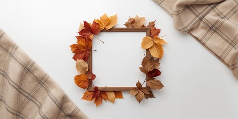 Dry leaves and beige plaid arranged on a white surface, serving as an autumn-themed background for design layouts