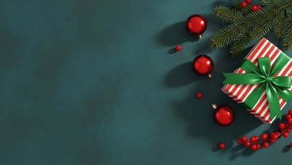 Christmas present with festive decorations and copy space on a dark green background.