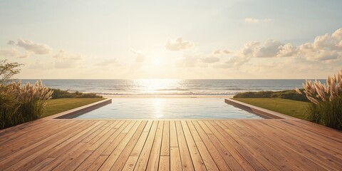 Empty exterior wooden deck overlooking a pool and lawn at a modern coastal villa, suitable for outdoor relaxation