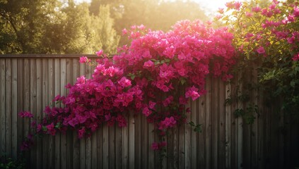 Pink and purple bougainvillea climbing a wooden fence, illustrating urban greenery and flowering vine maintenance