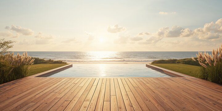 Empty exterior wooden deck overlooking a pool and lawn at a modern coastal villa, suitable for outdoor relaxation