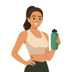 Fit Woman Holding Water Bottle After Workout. Flat vector illustration isolated on white background