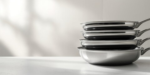 Multiple steel frying pans stacked and displayed on a surface, ideal for culinary setup or product presentation