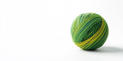 Brightly colored yarn ball with green, yellow, dark green hues on white background, isolated, texture, craft project