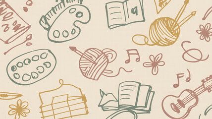 Hand-drawn doodle collection of art music and craft elements perfect for creative projects and backgrounds isolated on a textured paper