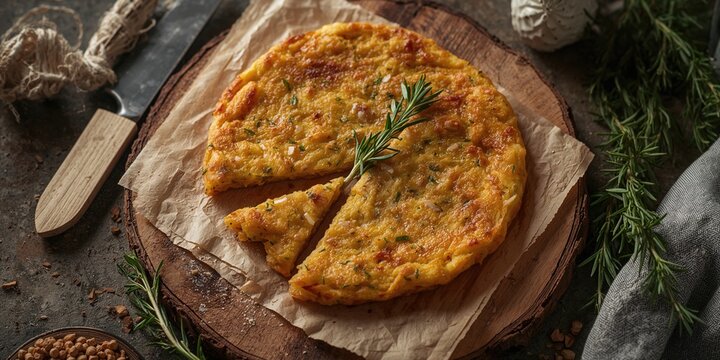 Farinata featuring rosemary herb, focusing on plant-based ingredients, classic Italian recipe, sliced for serving, kitchen setting