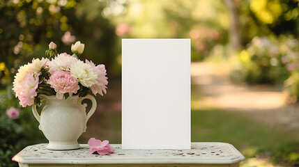 Elegant display featuring a vase of pink and cream flowers beside a blank card on a weathered table, set against a lush garden backdrop, ideal for wedding themes.