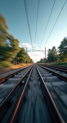 Fototapeta premium Blurry of a train track with trees in the background