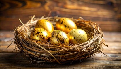 Obraz premium Bird Nest with Golden Speckled Eggs on Wooden Surface Symbolizing Wealth Security and Editorial Styling for Finance and Lifestyle Use