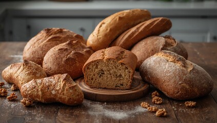Homemade gluten-free vegan bread loaves displayed on rustic wooden surface, plant-based baking, World Vegan Day