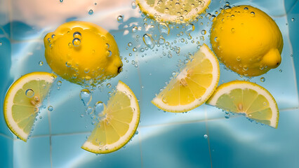 Bright yellow lemons and fresh slices captured in a dynamic underwater splash