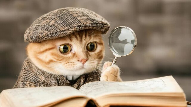 Cute ginger cat wearing a detective outfit with a tweed cap and holding a magnifying glass, intently examining an open book. Concept of curiosity, mystery, and investigation.