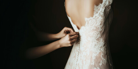 Bridesmaid buttoning up a bride's elegant white lace wedding dress, preparing for the ceremony, marriage concept
