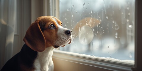 Beagle dog perched on windowsill observing winter weather, seasonal transition