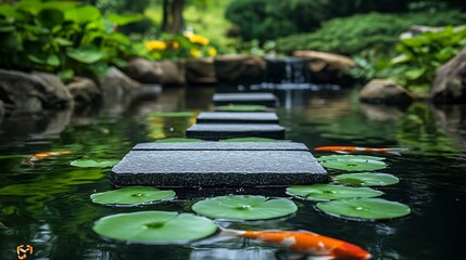 Peaceful garden pond with stepping stone path, vibrant koi fish, and water lily pads