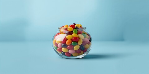 Multicolored jelly beans in a glass jar on a blue background, candy as a sugar-rich treat for celebrations