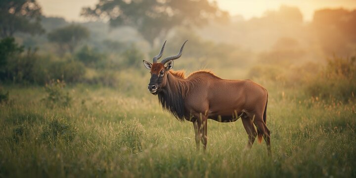 Red hartebeest feeding on grass in open plains, wildlife observation