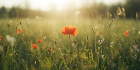 Bright red poppy blossom thriving in springtime garden beds as a seasonal floral feature