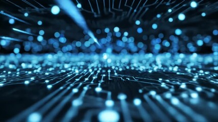 Abstract digital technology background with glowing blue circuit board lines and bokeh light particles representing data flow - Powered by Adobe