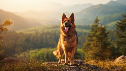 German Shepherd dog on mountain summit, soaking in natural scenery, highlighting adventure and nature appreciation