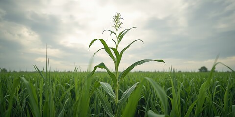 Close-up of a sweet corn stalk with new branches at the base, emphasizing agricultural growth and plant structure