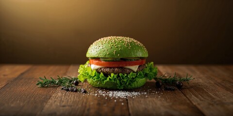 Detailed view of a burger with a green sweet bun, lettuce, tomato, sesame seeds on a wooden surface, highlighting ingredient freshness and assembly, International Burger Day
