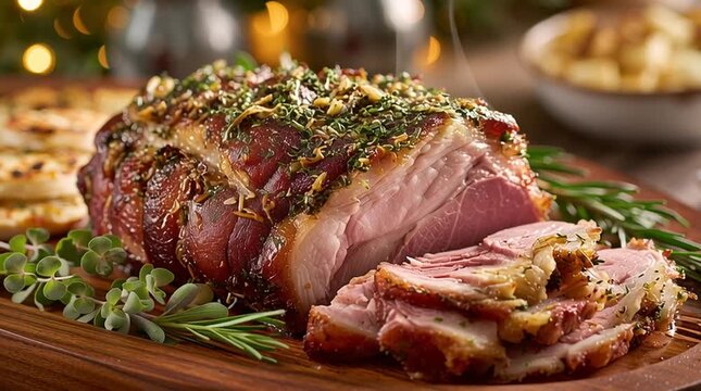Delicious glazed roasted ham with herbs and sliced portions on wooden board