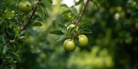 Green apples on a fruit tree in summer, healthy eating and natural growth, Earth Day