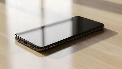 Modern smartphone resting on a bright wooden table with gentle sunlight and reflections