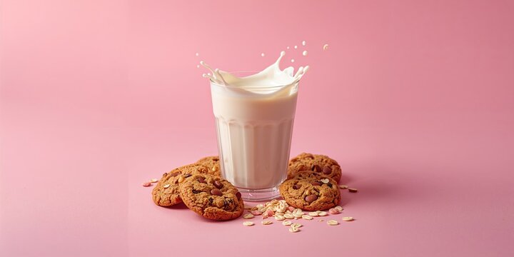 Bowl of cereal with milk served in a glass on a pink background, ideal for breakfast-themed backgrounds - Powered by Adobe