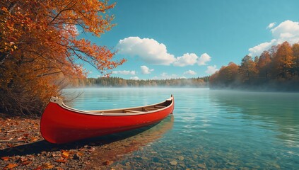 A boat parked by a lake in fall, highlighting seasonal foliage and outdoor recreation