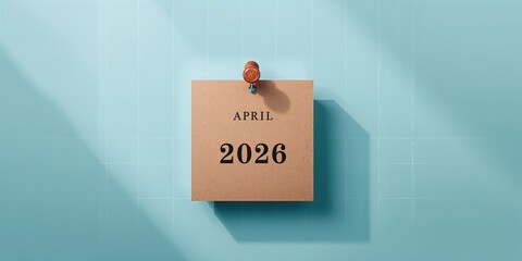 Blue background with a printed April 2026 calendar and a wooden thumbtack for note marking, emphasizing scheduling