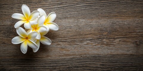Fototapeta premium Frangipani flowers arranged on a wooden backdrop, suitable for floral design backgrounds or botanical layouts