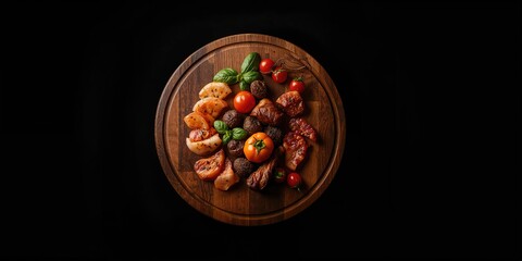 Black background with wooden pizza board, ideal for layout and visual focus in culinary photography