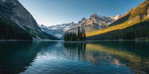 A tranquil lake with tree reflections under sunlight, suitable for a peaceful background or nature-themed layout