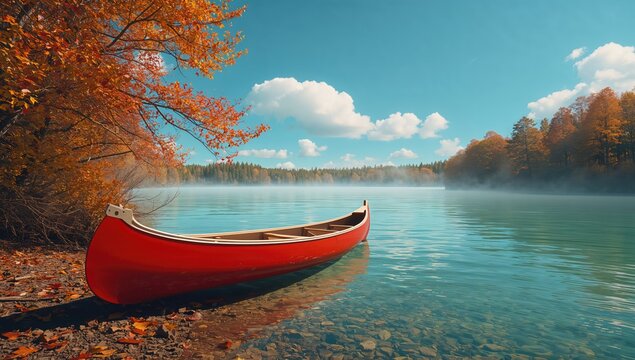A boat parked by a lake in fall, highlighting seasonal foliage and outdoor recreation - Powered by Adobe