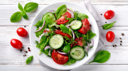Refreshing vegetable salad with mixed greens, tomatoes, cucumbers, red onion, and dill, presented on a white wooden table
