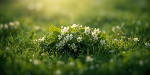Springtime scene with blooming strawberries among grass, suitable for webpage header or layout background