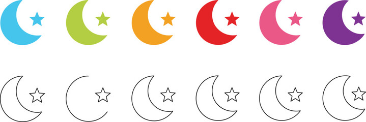 Colorful and outlined vector illustration set featuring crescent moon and star icons in multiple styles, perfect for night themes, UI design, and decorative graphics