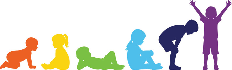 Colorful silhouettes of children showing stages of growth from crawling to standing, representing child development, progress, learning, and early childhood evolution