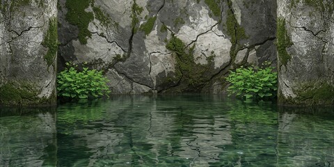 Fototapeta premium Natural stone formations with water and green plants, erosion risk in outdoor environments