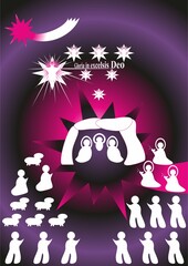 Christmas nativity scene with Wishes in Latin, silhouettes in white of shepherds with sheep, Three Kings with gifts, Modern people, Angels and Star of Bethlehem - abstract graphic with light in pink