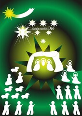 Christmas nativity scene with Wishes in Latin, silhouettes in white of shepherds with sheep, Three Kings with gifts, Modern people, Angels and Star of Bethlehem - abstract graphic with light in green