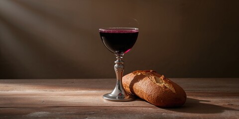 Holy supper scene with chalice bread and wine, ritual symbolism
