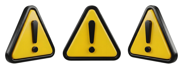 Three 3D Yellow Warning Triangle Signs PNG Transparent Background