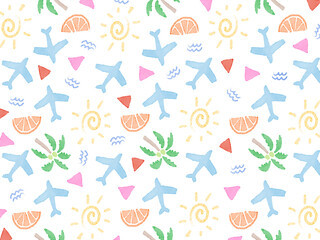 白背景に手描きイラストパターン。夏の旅行やビーチ・リゾートのコンセプト。水彩の飛行機とヤシの木